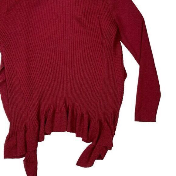 Eileen Fisher Wool Cardigan Sweater Womens Medium Burgundy Open Front Ruffle Hem - Picture 8 of 16